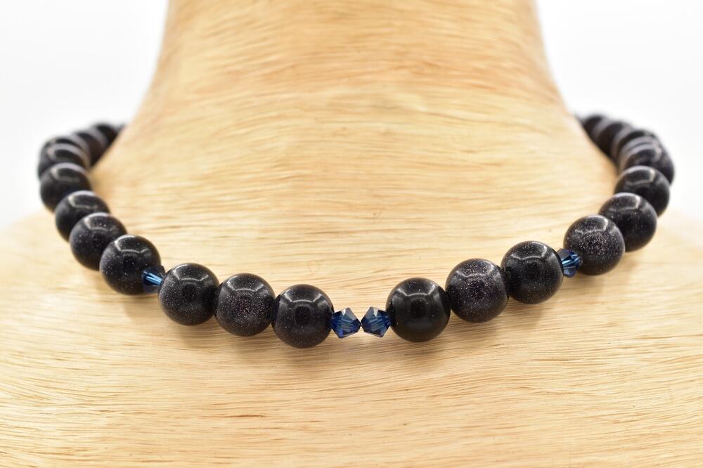 Vintage Blue Goldstone Sandstone Beaded Necklace Crystal Chunky 17"1990s BinBC